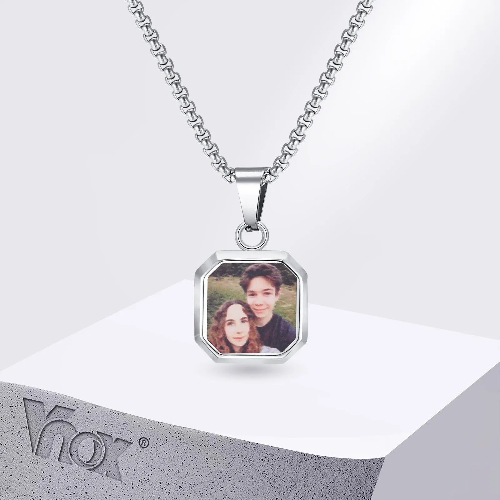 Vnox Free Personalized Photo Necklalces for Boyfriend Husband Dad,Mens Geometric Square Pendant,Custom Family Picture Image Gift